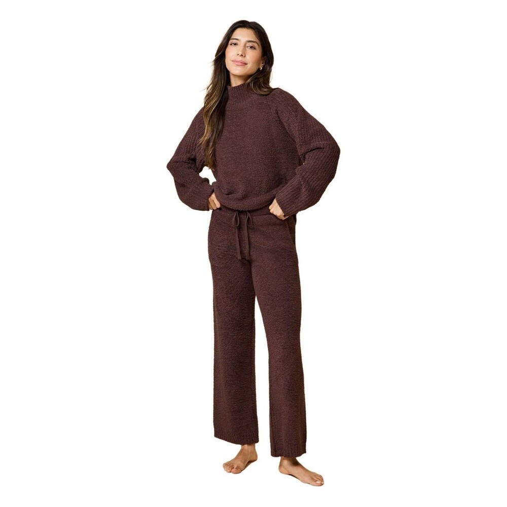 Softies Marshmallow Rib Lounge Set XL Espresso Mock Neck Wide Leg Pants NWT